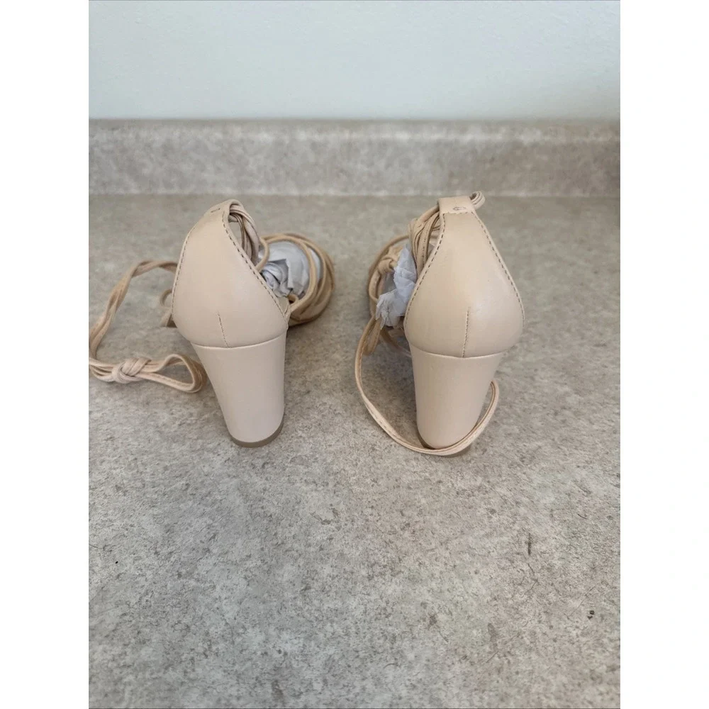 Lace Up Block Heels Sandals Women’s Size 10.5 Nude Strappy‎ Ankle Tie Shoes